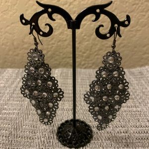 Shabby Chic Black Chandelier Earrings with Faux Stones Dangle Earrings